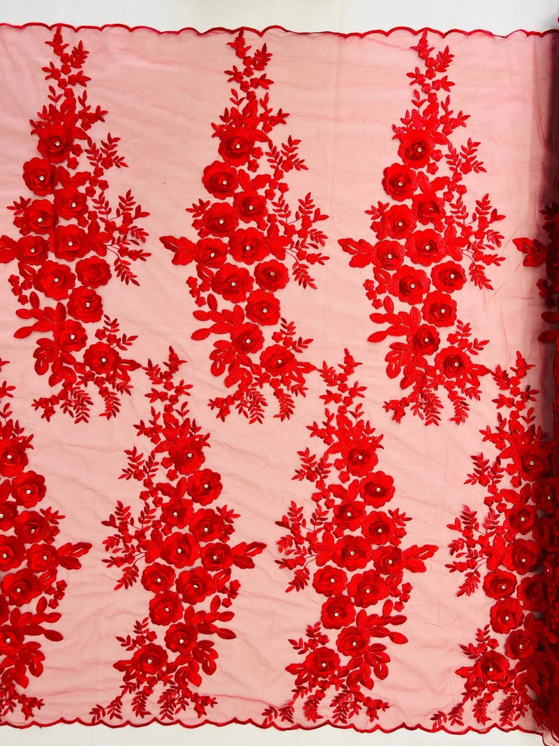 3D Rose Cluster Rhinestone - Red - Embroidered 3D Floral Rose Design Fabric Sold by Yard