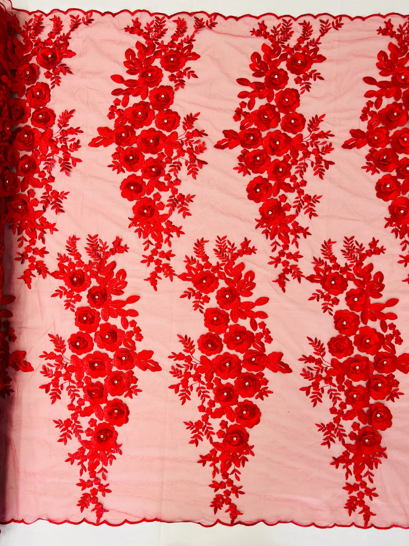 3D Rose Cluster Rhinestone - Red - Embroidered 3D Floral Rose Design Fabric Sold by Yard