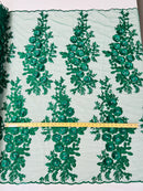 3D Rose Cluster Rhinestone - Hunter Green - Embroidered 3D Floral Rose Design Fabric Sold by Yard