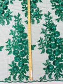 3D Rose Cluster Rhinestone - Hunter Green - Embroidered 3D Floral Rose Design Fabric Sold by Yard