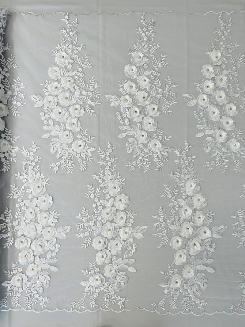 3D Rose Cluster Rhinestone - White - Embroidered 3D Floral Rose Design Fabric Sold by Yard