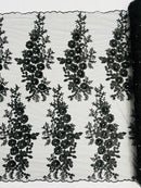 3D Rose Cluster Rhinestone - Black - Embroidered 3D Floral Rose Design Fabric Sold by Yard