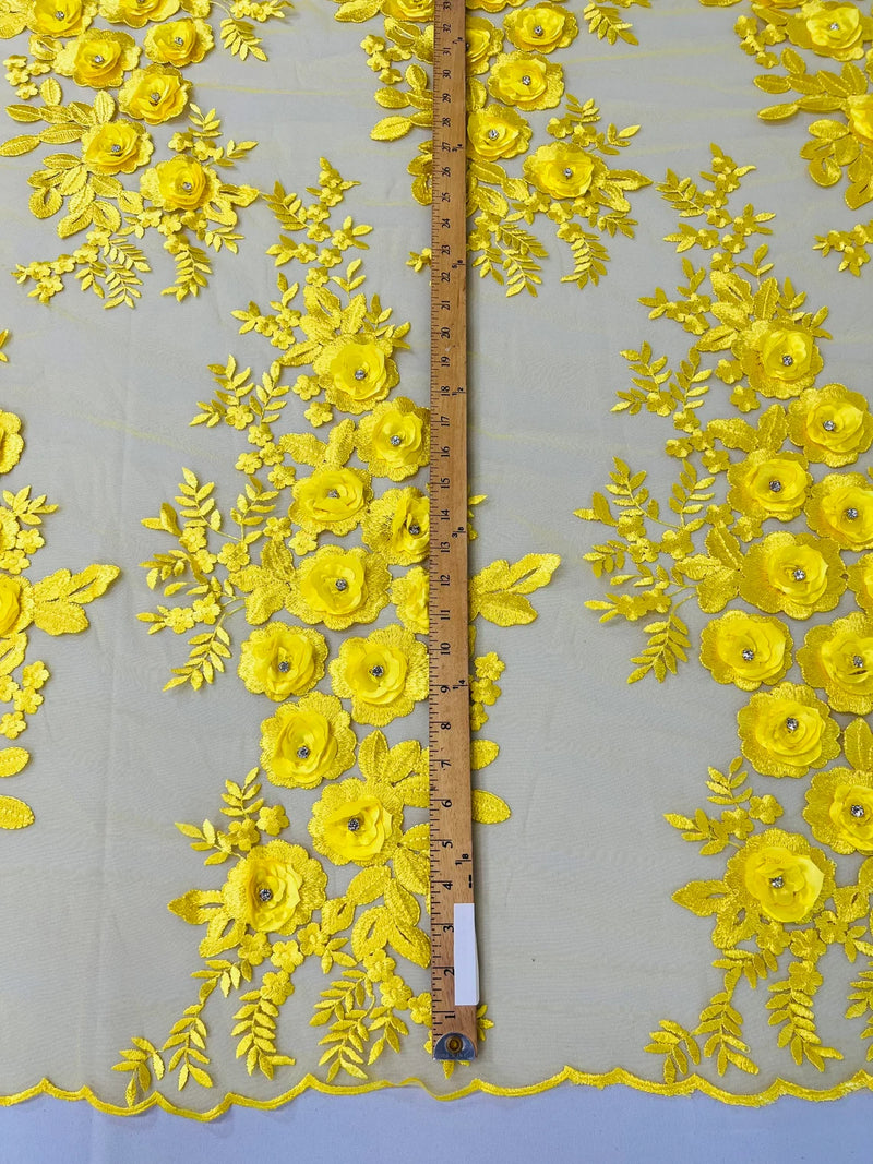 3D Rose Cluster Rhinestone - Yellow - Embroidered 3D Floral Rose Design Fabric Sold by Yard