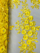 3D Rose Cluster Rhinestone - Yellow - Embroidered 3D Floral Rose Design Fabric Sold by Yard