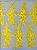 3D Rose Cluster Rhinestone - Yellow - Embroidered 3D Floral Rose Design Fabric Sold by Yard