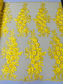 3D Rose Cluster Rhinestone - Yellow - Embroidered 3D Floral Rose Design Fabric Sold by Yard