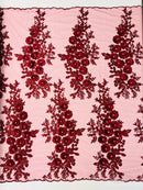 3D Rose Cluster Rhinestone - Burgundy - Embroidered 3D Floral Rose Design Fabric Sold by Yard