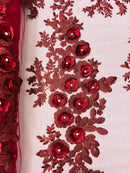 3D Rose Cluster Rhinestone - Burgundy - Embroidered 3D Floral Rose Design Fabric Sold by Yard