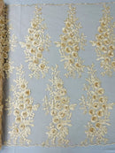 3D Rose Cluster Rhinestone - Champagne - Embroidered 3D Floral Rose Design Fabric Sold by Yard