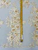 3D Rose Cluster Rhinestone - Champagne - Embroidered 3D Floral Rose Design Fabric Sold by Yard
