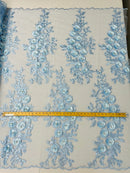 3D Rose Cluster Rhinestone - Baby Blue - Embroidered 3D Floral Rose Design Fabric Sold by Yard