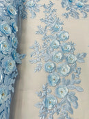 3D Rose Cluster Rhinestone - Baby Blue - Embroidered 3D Floral Rose Design Fabric Sold by Yard