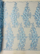 3D Rose Cluster Rhinestone - Baby Blue - Embroidered 3D Floral Rose Design Fabric Sold by Yard