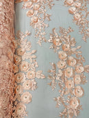 3D Rose Cluster Rhinestone - Blush - Embroidered 3D Floral Rose Design Fabric Sold by Yard