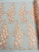 3D Rose Cluster Rhinestone - Blush - Embroidered 3D Floral Rose Design Fabric Sold by Yard