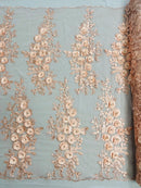 3D Rose Cluster Rhinestone - Blush - Embroidered 3D Floral Rose Design Fabric Sold by Yard