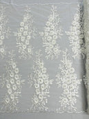 3D Rose Cluster Rhinestone - Off-White - Embroidered 3D Floral Rose Design Fabric Sold by Yard