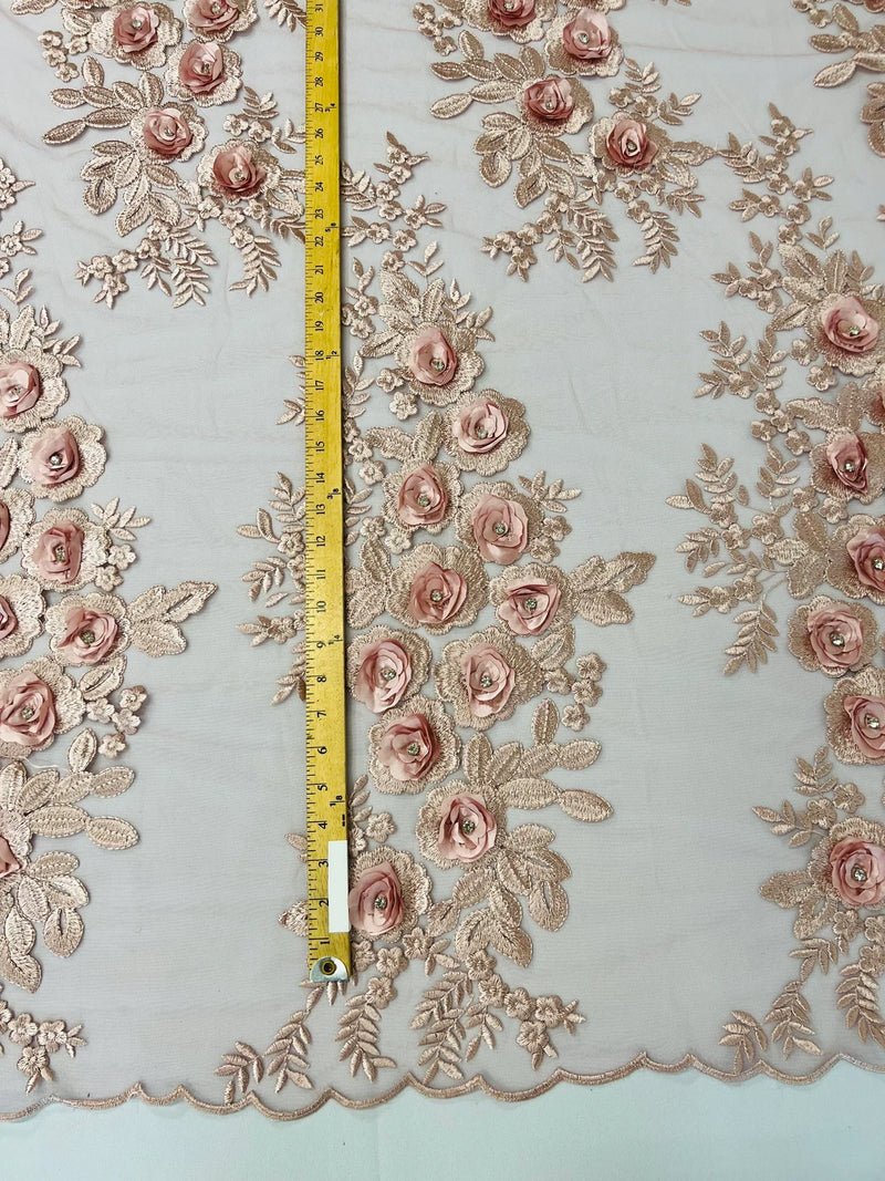 3D Rose Cluster Rhinestone - Dusty Rose - Embroidered 3D Floral Rose Design Fabric Sold by Yard