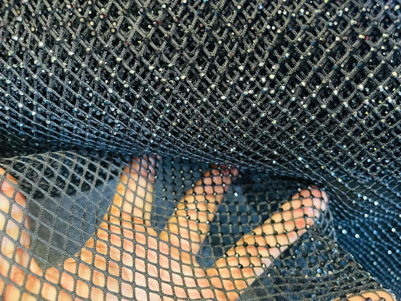 Rhinestone Fish Net Fabric - Black - Solid Spandex Fish Net Style Fabric with Rhinestones by Yard