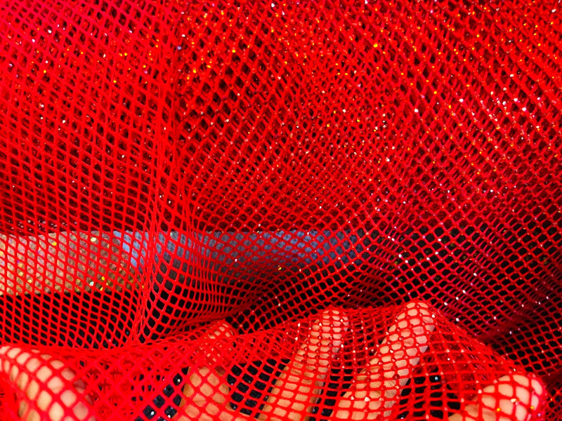 Rhinestone Fish Net Fabric - Red - Solid Spandex Fish Net Style Fabric with Rhinestones by Yard