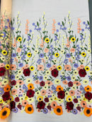 Multi-Color Flower Fabric - Champagne - Embroidered Floral Design Fabric Sold by Yard