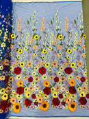 Multi-Color Flower Fabric - Royal Blue - Embroidered Floral Design Fabric Sold by Yard