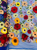 Multi-Color Flower Fabric - Royal Blue - Embroidered Floral Design Fabric Sold by Yard