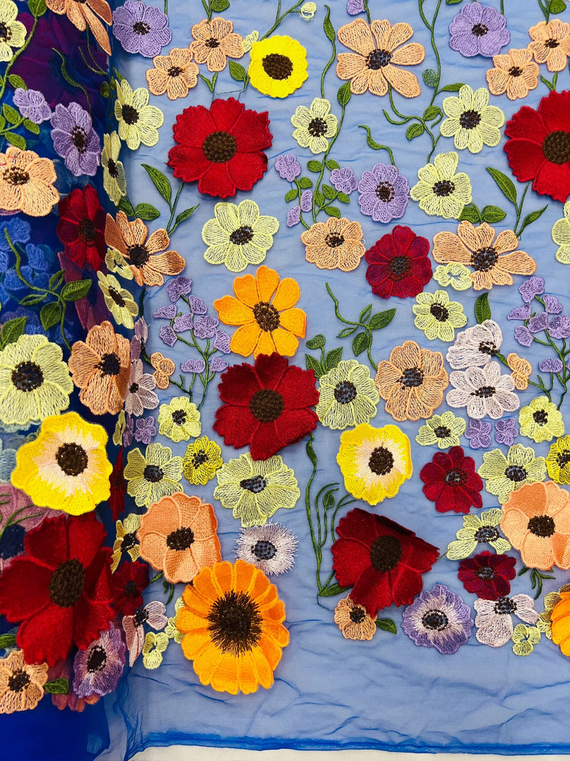 Multi-Color Flower Fabric - Royal Blue - Embroidered Floral Design Fabric Sold by Yard