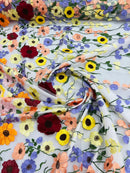 Multi-Color Flower Fabric - Off-White - Embroidered Floral Design Fabric Sold by Yard