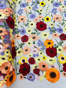 Multi-Color Flower Fabric - Off-White - Embroidered Floral Design Fabric Sold by Yard