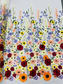 Multi-Color Flower Fabric - Off-White - Embroidered Floral Design Fabric Sold by Yard