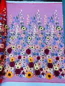 Multi-Color Flower Fabric - Red - Embroidered Floral Design Fabric Sold by Yard
