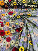 Multi-Color Flower Fabric - Black Mesh - Embroidered Floral Design Fabric Sold by Yard