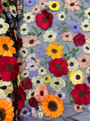 Multi-Color Flower Fabric - Black Mesh - Embroidered Floral Design Fabric Sold by Yard