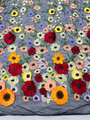 Multi-Color Flower Fabric - Black Mesh - Embroidered Floral Design Fabric Sold by Yard