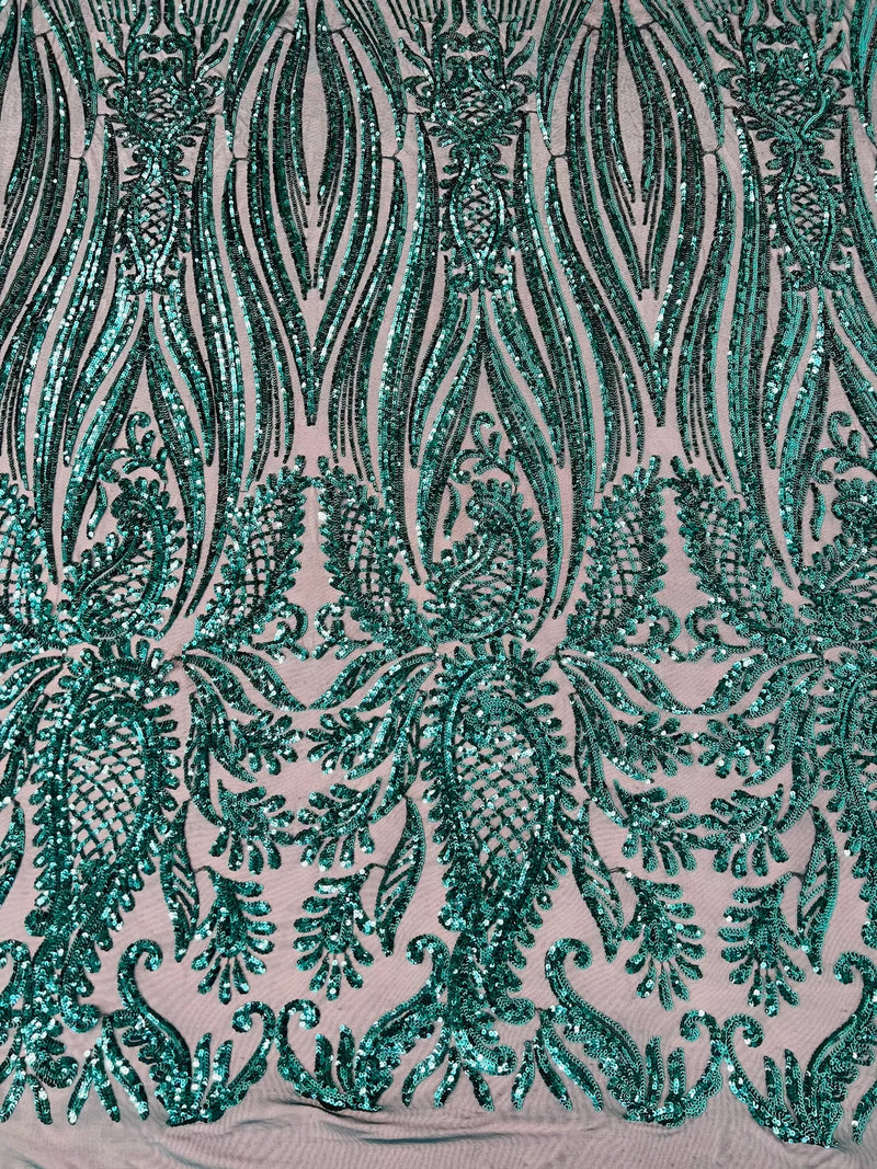 Paisley Lines Sequin Fabric - Teal Green - 4 Way Stretch Fancy Fabric By The Yard