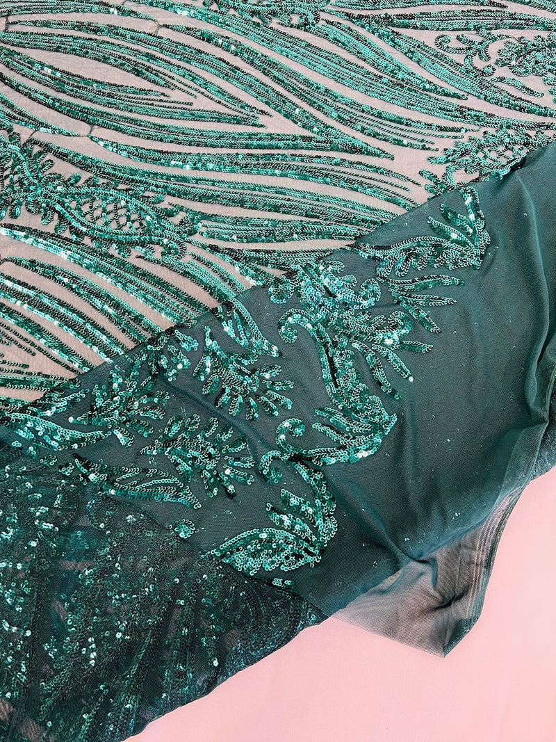 Paisley Lines Sequin Fabric - Teal Green - 4 Way Stretch Fancy Fabric By The Yard