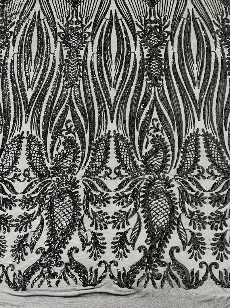 Paisley Lines Sequin Fabric - Black - 4 Way Stretch Fancy Fabric By The Yard