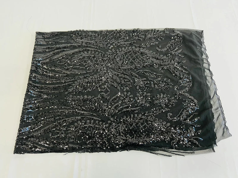 Paisley Lines Sequin Fabric - Black - 4 Way Stretch Fancy Fabric By The Yard