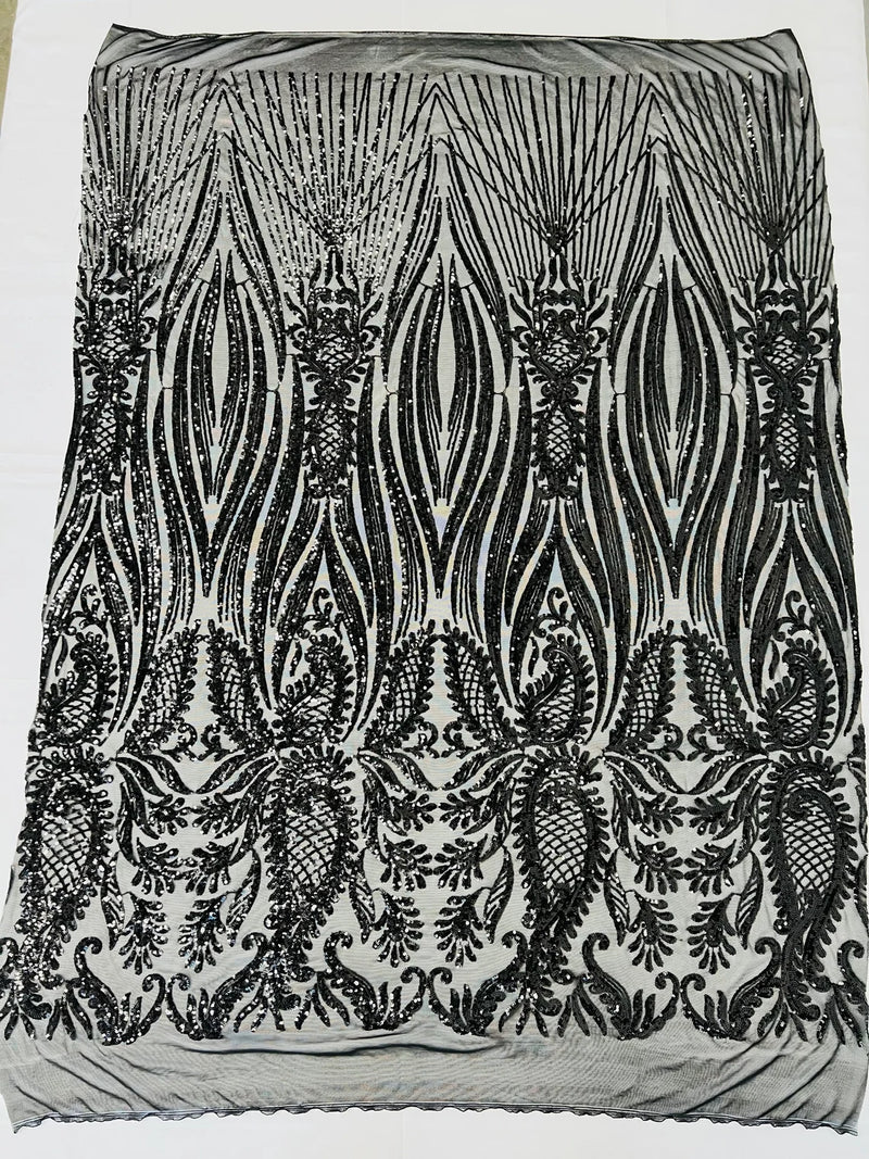 Paisley Lines Sequin Fabric - Black - 4 Way Stretch Fancy Fabric By The Yard