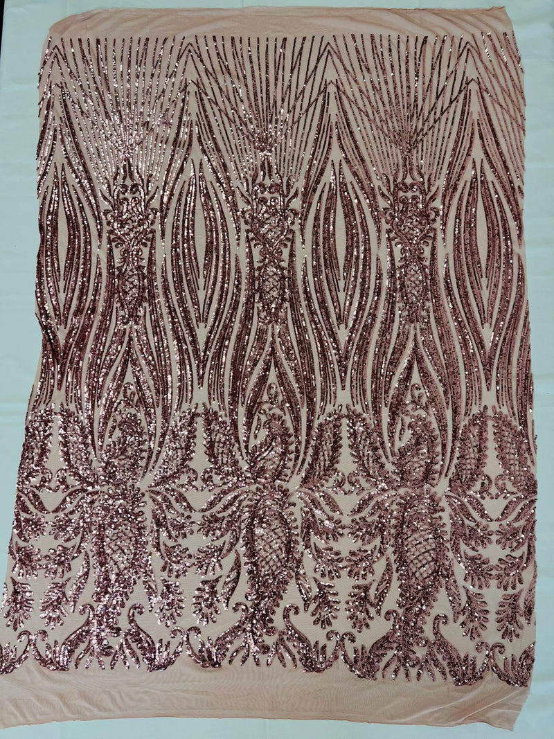 Paisley Lines Sequin Fabric - Dusty Rose - 4 Way Stretch Fancy Fabric By The Yard