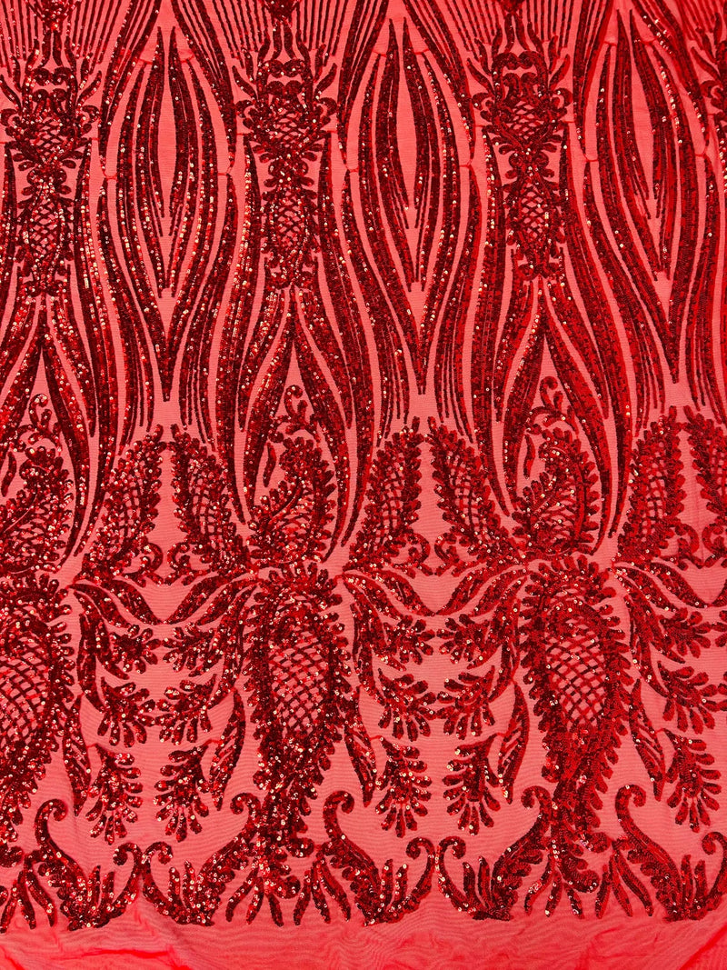 Paisley Lines Sequin Fabric - Red - 4 Way Stretch Fancy Fabric By The Yard