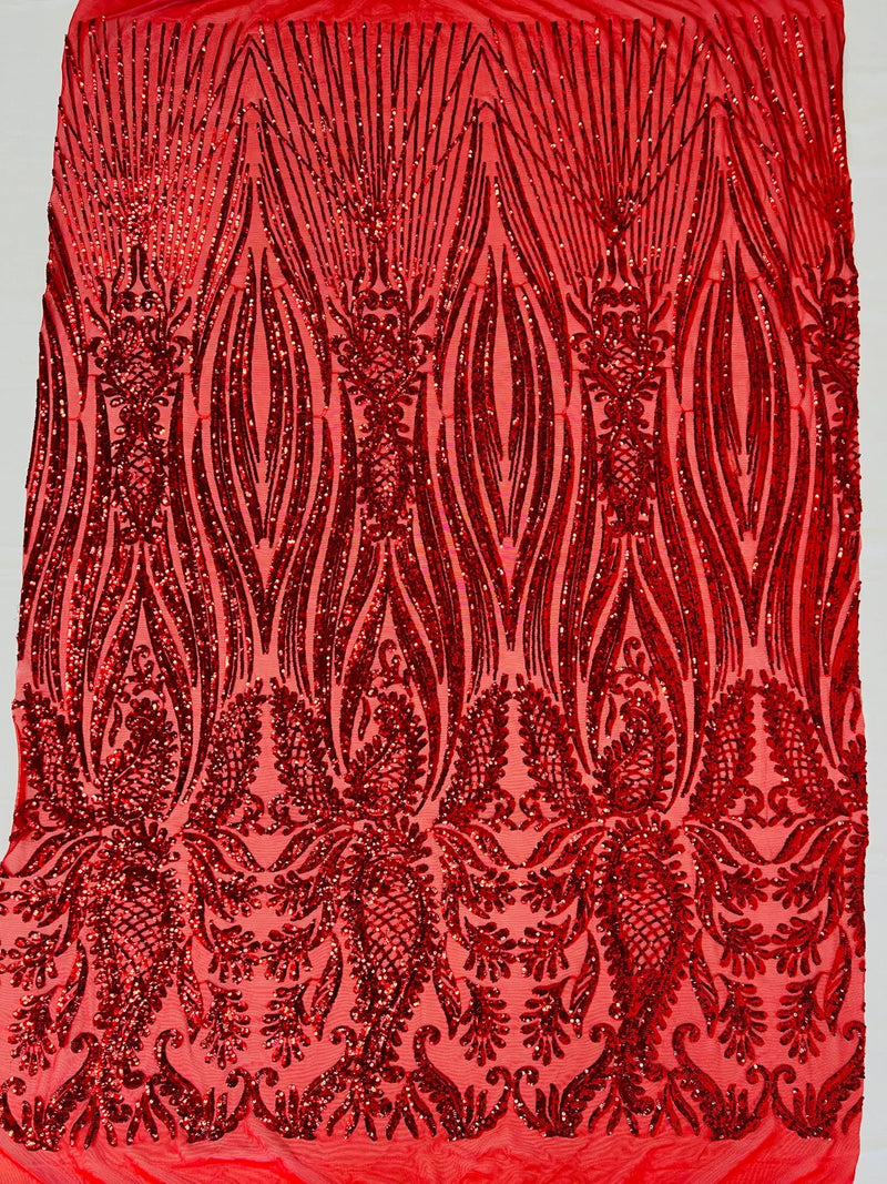 Paisley Lines Sequin Fabric - Red - 4 Way Stretch Fancy Fabric By The