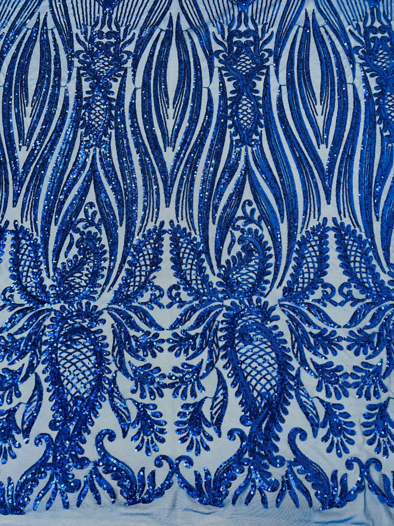 Paisley Lines Sequin Fabric - Royal Blue - 4 Way Stretch Fancy Fabric By The Yard