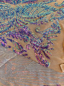 Paisley Lines Sequin Fabric - Iridescent Purple on Skin - 4 Way Stretch Fancy Fabric By The Yard