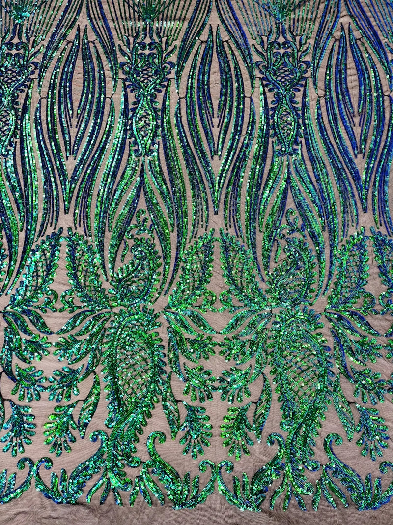 Paisley Lines Sequin Fabric - Green Mermaid - 4 Way Stretch Fancy Fabric By The Yard