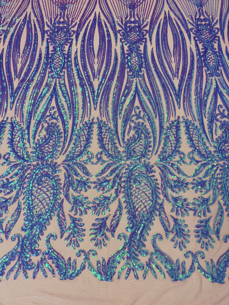 Paisley Lines Sequin Fabric - Iridescent Lilac - 4 Way Stretch Fancy Fabric By The Yard