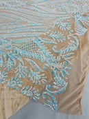 Paisley Lines Sequin Fabric - Aqua / Blue - 4 Way Stretch Fancy Fabric By The Yard