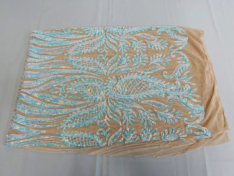 Paisley Lines Sequin Fabric - Aqua / Blue - 4 Way Stretch Fancy Fabric By The Yard