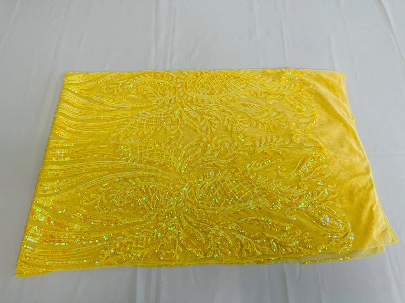 Paisley Lines Sequin Fabric - Iridescent Yellow - 4 Way Stretch Fancy Fabric By The Yard